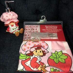 🍓 Strawberry Shortcake Pink Shower Curtain Set 🍓 shower curtain & soap dispenser